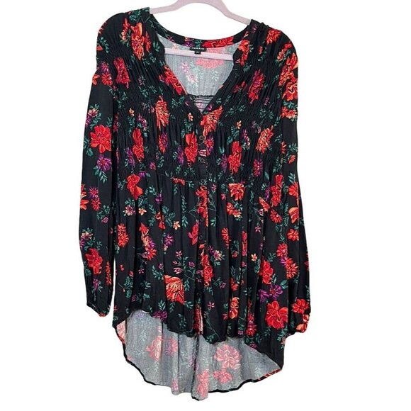 Torrid Top Women 1X Black Floral Smock Tropical Western Boho Hippie Festival 80s - Picture 2 of 15